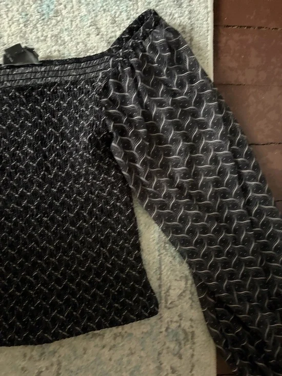 Anthropologie Black Smocked Square Neck Puff Sleeve Blouse XS Sheer Sleeve Top - Picture 4 of 5